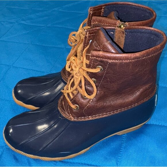 Sperry Saltwater Duck Boots Women's Size 9M Brown Leather Navy Rubber Rain - Picture 1 of 12